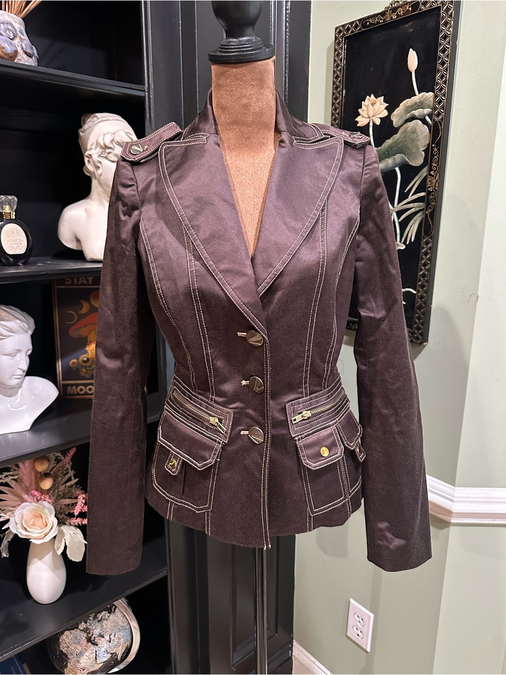 Cache Brown Satin Utility‑Style Blazer – Size XS